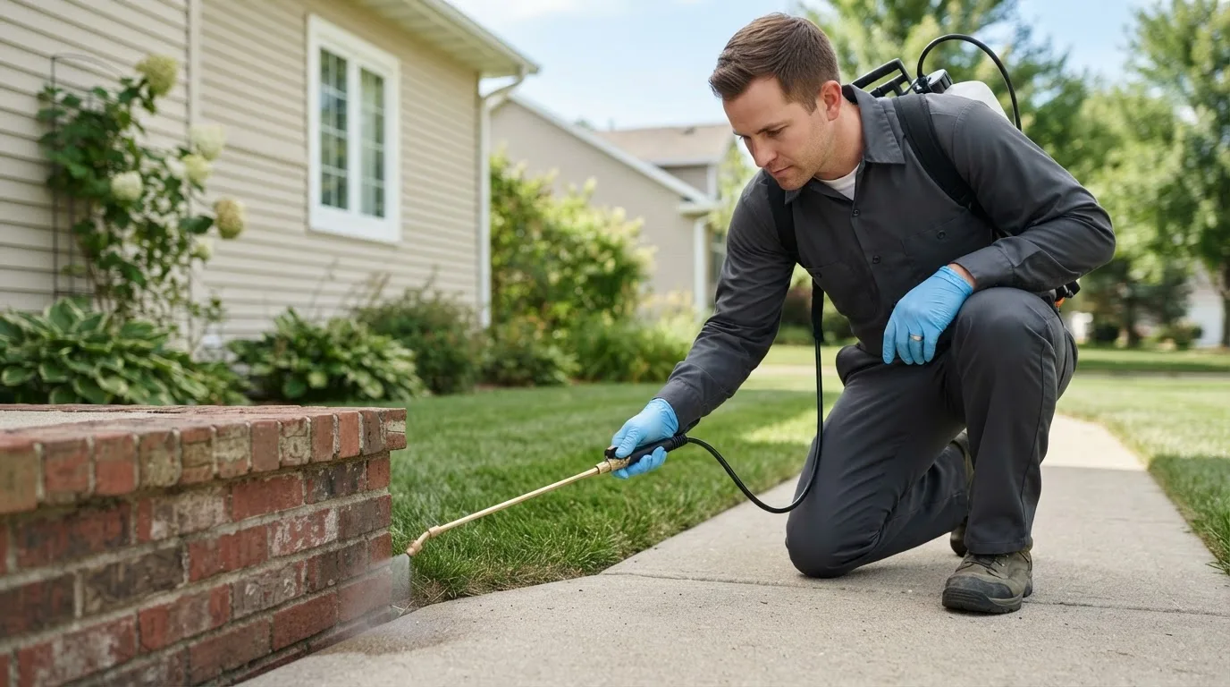 Pest control technician treating a home near Grandview, IN